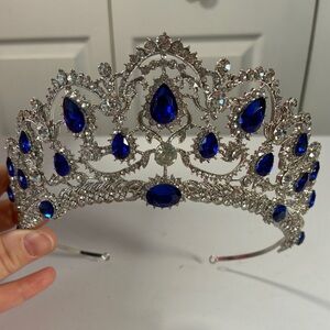 Blue Rhinestone Silver Faux Sapphire Diamond Tiara Crown